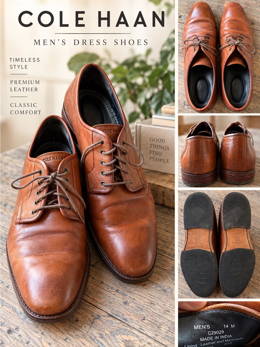 Cole Haan Men’s 14 M Brown Leather Lace Up Dress Shoes Oxford